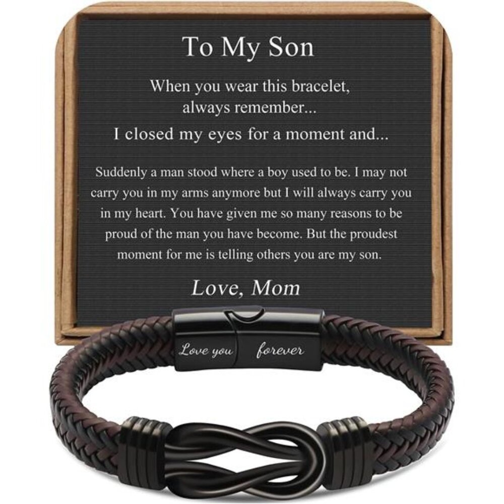 Mens Brown Leather Knot Bracelet Stainless Steel Infinity Love You Forever
